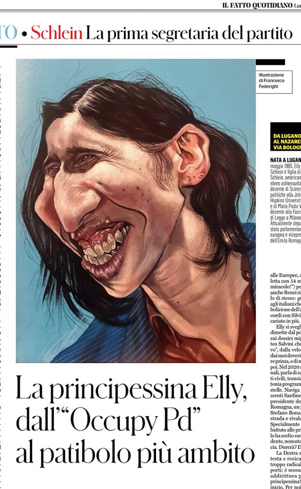 Elly Schlein caricature published in Il Fatto Quotidiano Caricatura di Elly Schlein pubblicata su Il Fatto Quotidiano