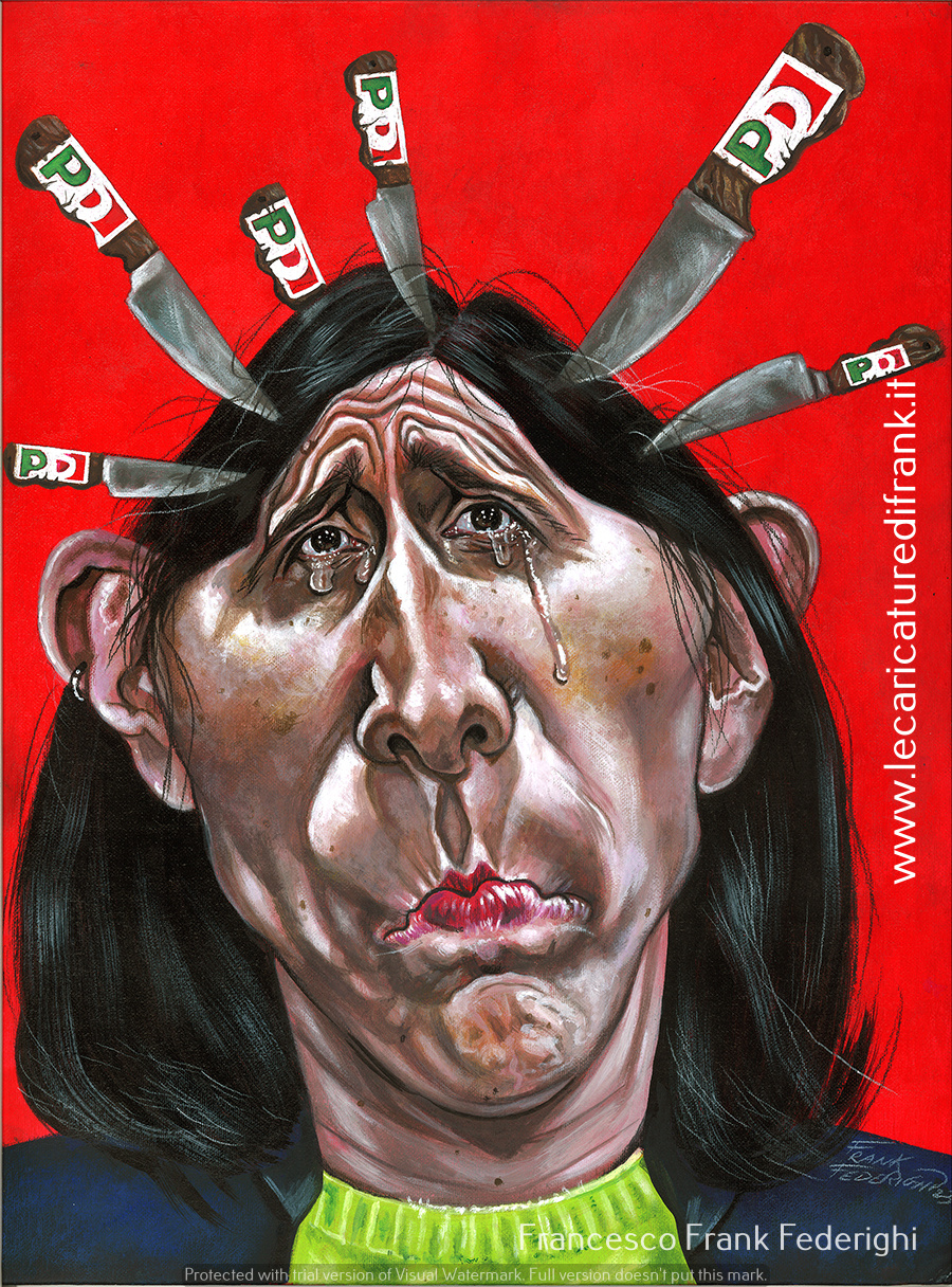 Elly Schlein caricature, acrylics on canvas board Caricatura Elly Schlein, acrilici su cartone telato