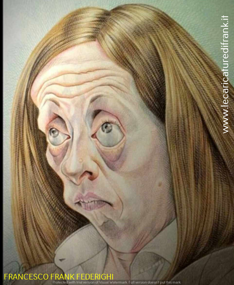Caricature Giorgia Meloni, colored pencils on paper Caricatura Giorgia Meloni, matite colorate su carta