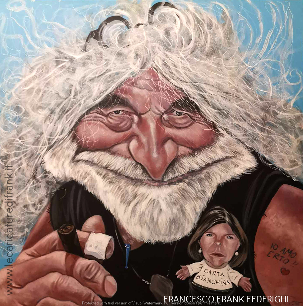 Caricature Mauro Corona with Bianca in his pocket, acrylics on canvas 60 x 60 cm Caricatura Mauro Corona con Bianca nel taschino, acrilici su tela 60 x 60 cm