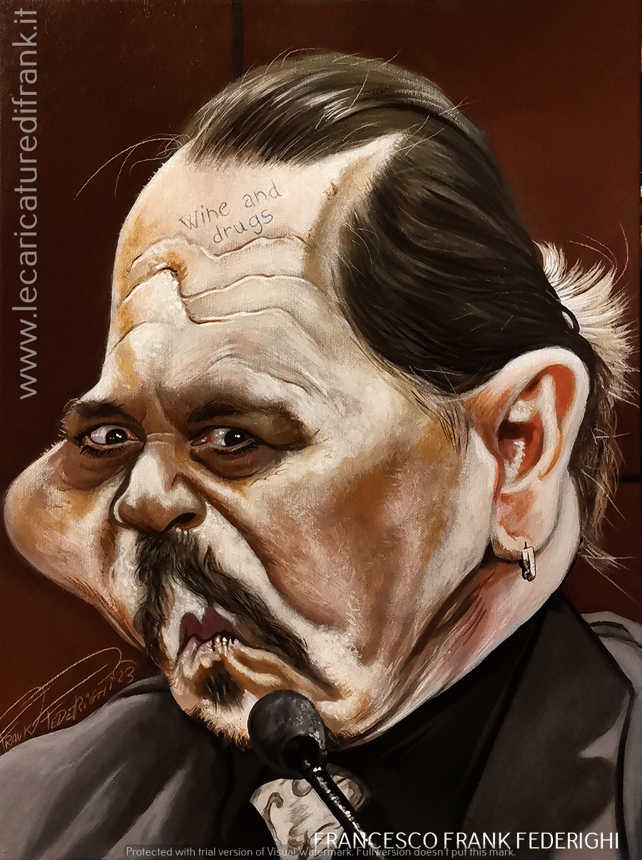Caricature Johnny Depp in court, acrylics on canvas cardboard 30x40 cm Caricatura Johnny Depp in tribunale, acrilici su cartone telato 30x40 cm