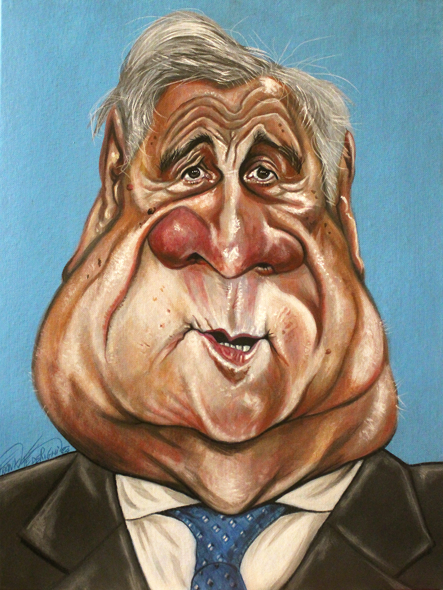 Caricature Antonio Tajani, sul Fatto, acrylics on canvas cardboard 30x40 cm Caricatura Antonio Tajani, sul Fatto, acrilici su cartone telato 30x40 cm