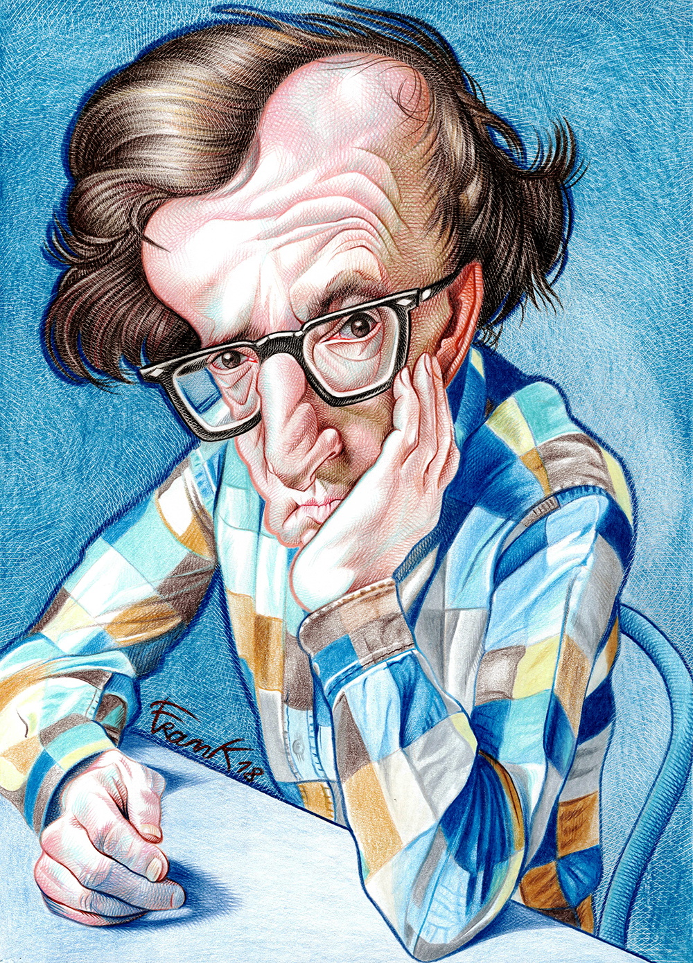 Woody Allen, production technique, colored pencils on smooth paper, A4 format Woody Allen, tecnica di realizzazione, matite colorate su carta liscia, formato A4