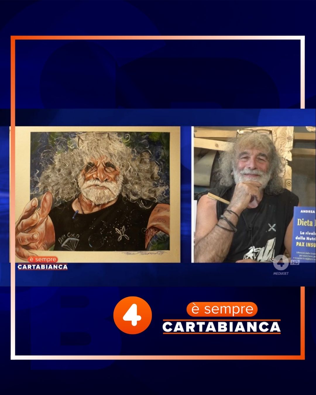 Bianca Berlinguer presents the caricature of Frank Federighi to Mauro Corona Bianca Berlinguer presenta a Mauro Corona la caricatura di Frank Federighi
