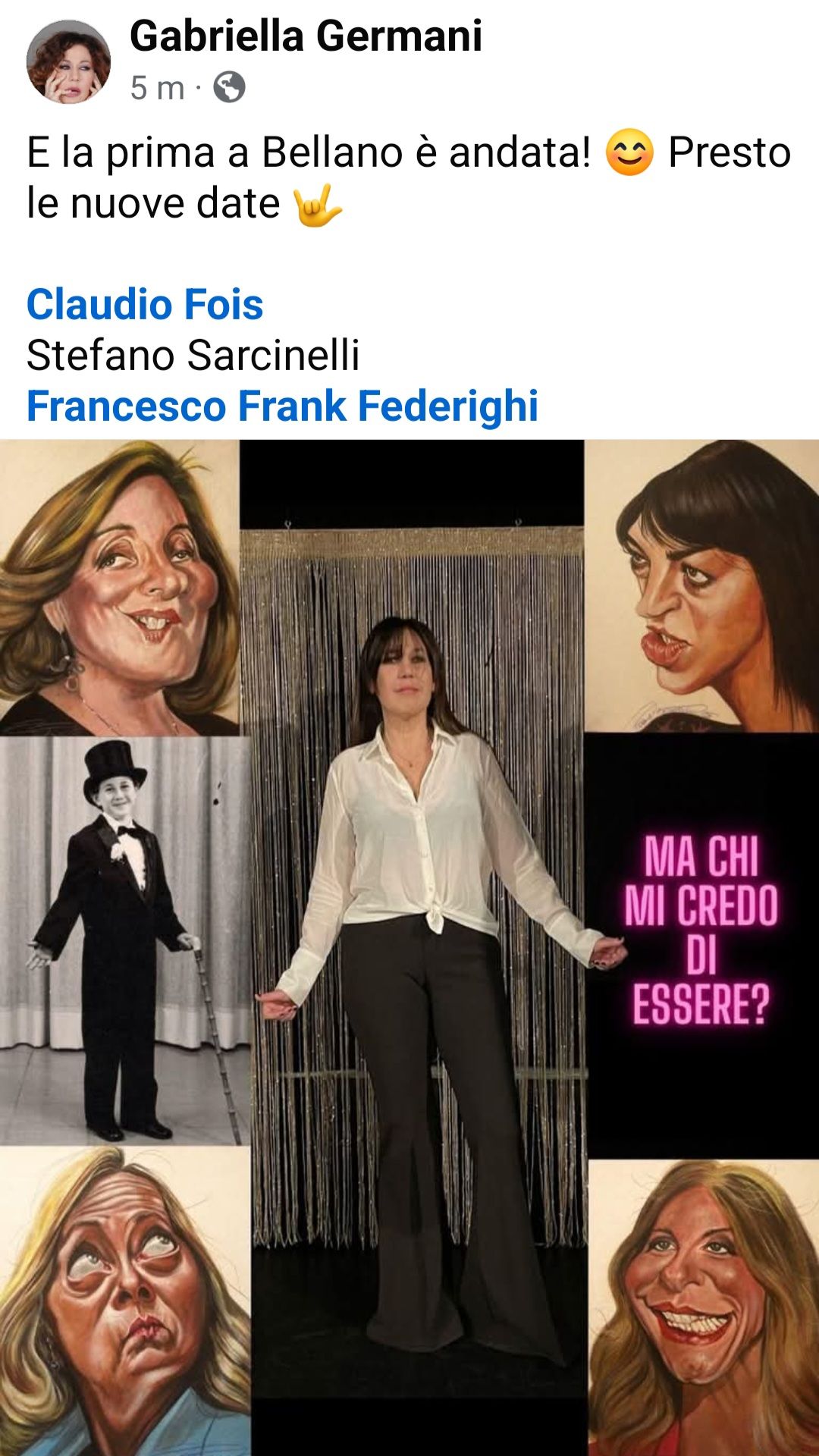 Gabriella Germani circondata dalle caricature di Frank che ha portato nel suo fantastico spettacolo teatrale "Ma chi mi credo di essere" Gabriella Germani circondata dalle caricature di Frank che ha portato nel suo fantastico spettacolo teatrale "Ma chi mi credo di essere"