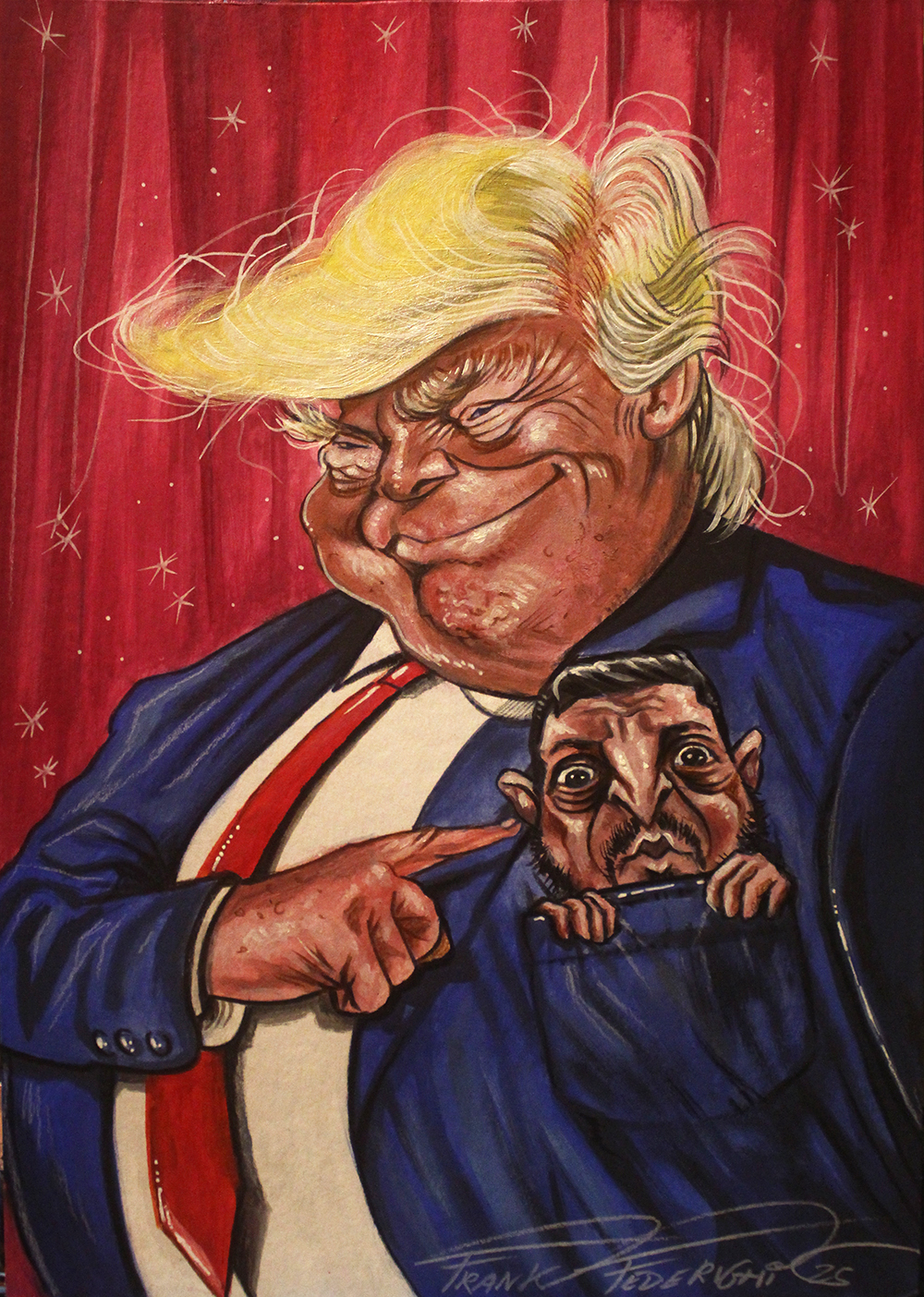 Trump caricature with Zelenky in the Nky Taschinon in the pocket Caricatura Trump con Zelenky nel taschinon nky nel taschino
