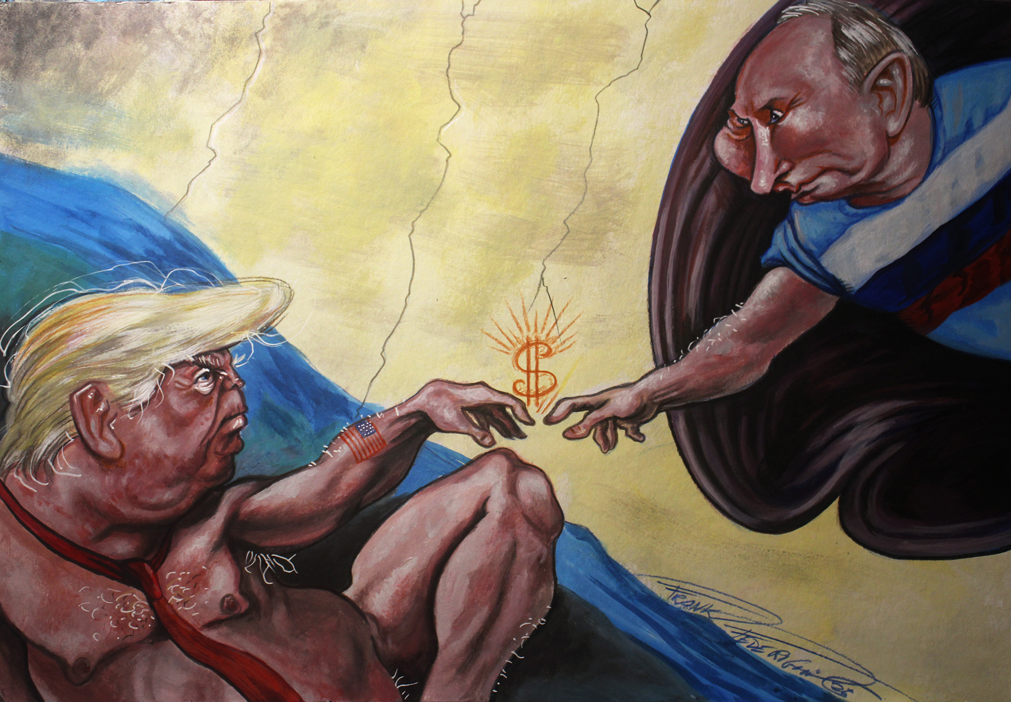 Caricature Trump and Putin imagined by Frank in the guise of Michelangiolesca creation Caricatura Trump e Putin immaginati da Frank nelle vesti della creazione Michelangiolesca