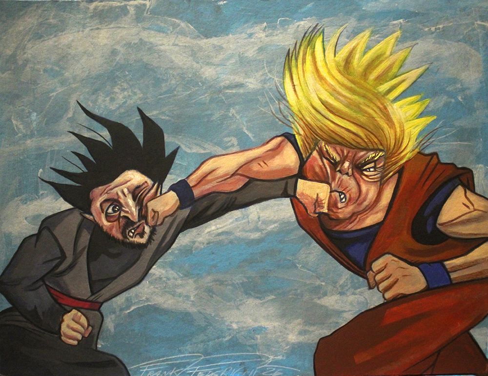 Zelensky vs Trump version Cartoon Dragon Ball, published on the daily fact Zelensky Vs Trump versione cartoon Dragon Ball, pubblicata sul Fatto Quotidiano