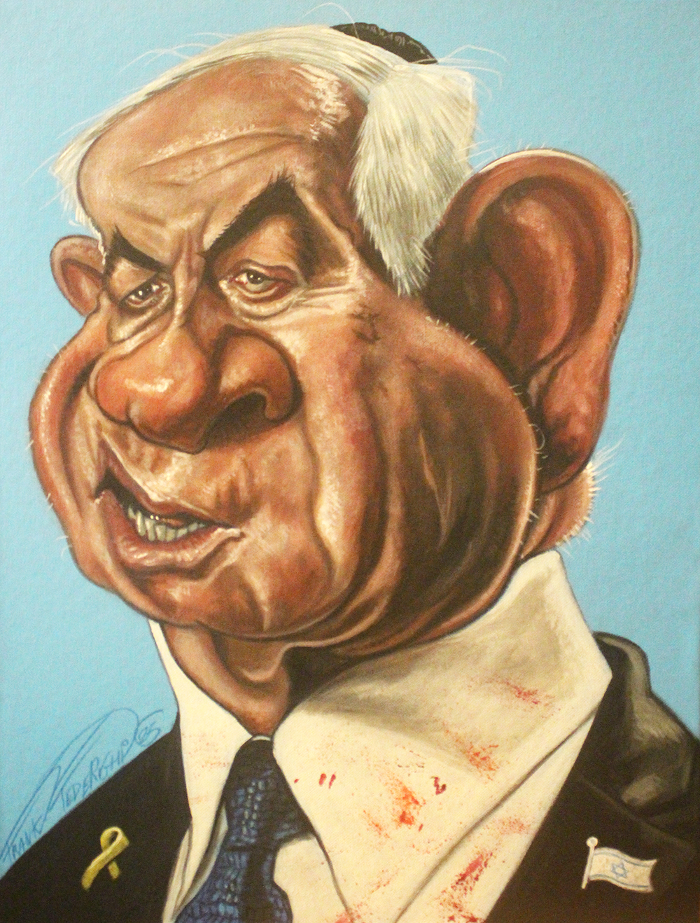 Netanyahu caricature, acrylic on telatoled cardboard 30x40 cm Caricatura Netanyahu, acrilici su cartone telato 30x40 cm