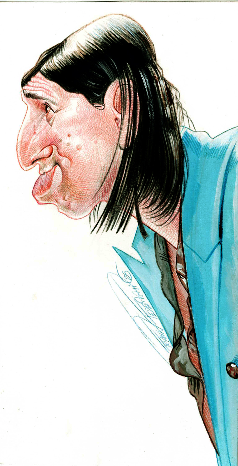 Caricature Elly Schlein, colored pencils on paper. Caricatura Elly Schlein, matite colorate su carta.