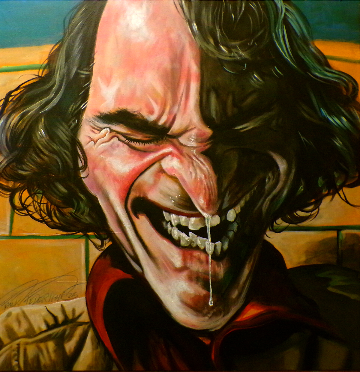 Caricature Joaquin Phoenix in Joker, impromptu painting on canvas Caricatura Joaquin Phoenix in Joker, pittura estemporanea su tela