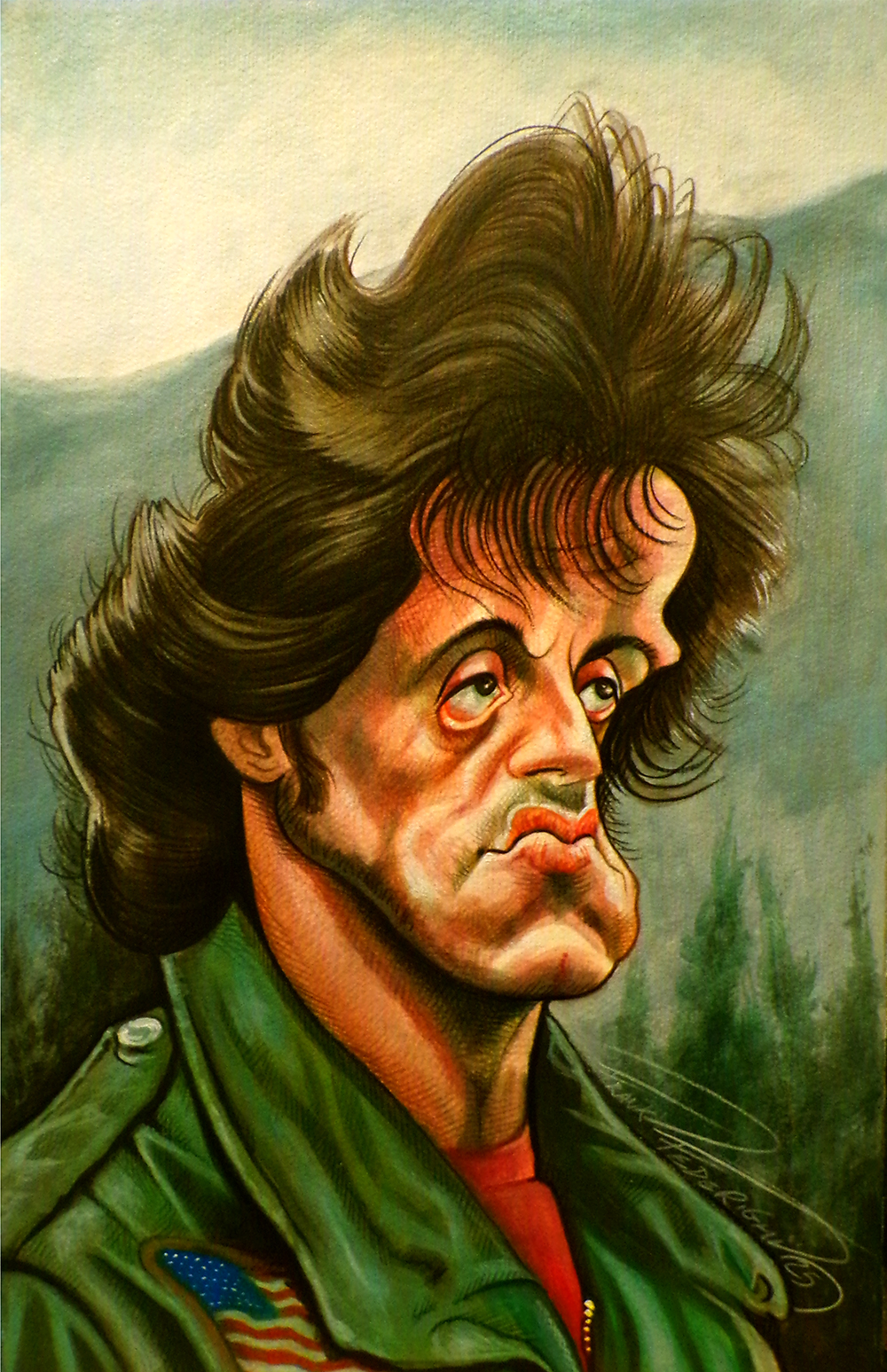 Caricatura Sly in Rambo, The First Blood, matite colorate su carta Caricatura Sly in Rambo, The First Blood, matite colorate su carta