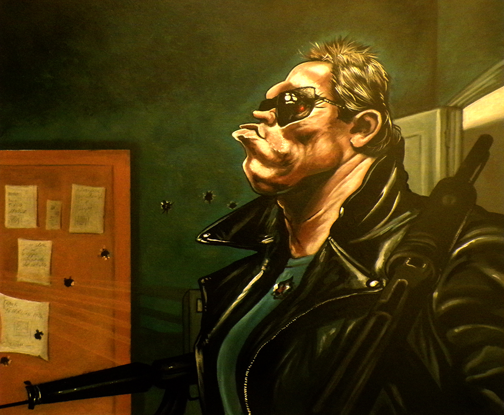 Caricature of Arnold Schwarzenegger in Terminator, acrylics on canvas 50x70 cm Caricatura di Arnold Schwarzenegger in Terminator, acrilici su tela 50x70 cm