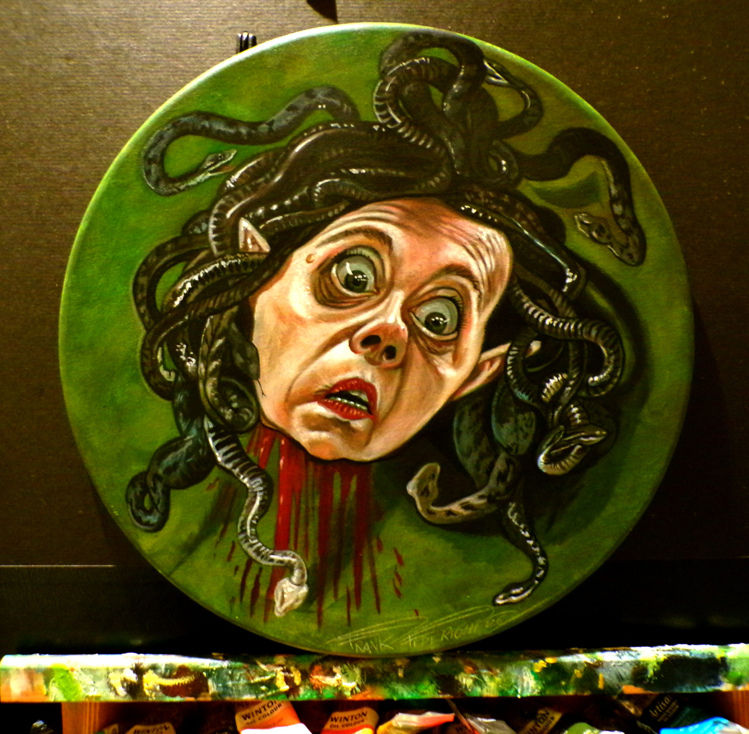 Caricature Giorgia Meloni Medusa version, acrylics on round canvas Caricatura Giorgia Meloni versione Medusa, acrilici su tela rotonda