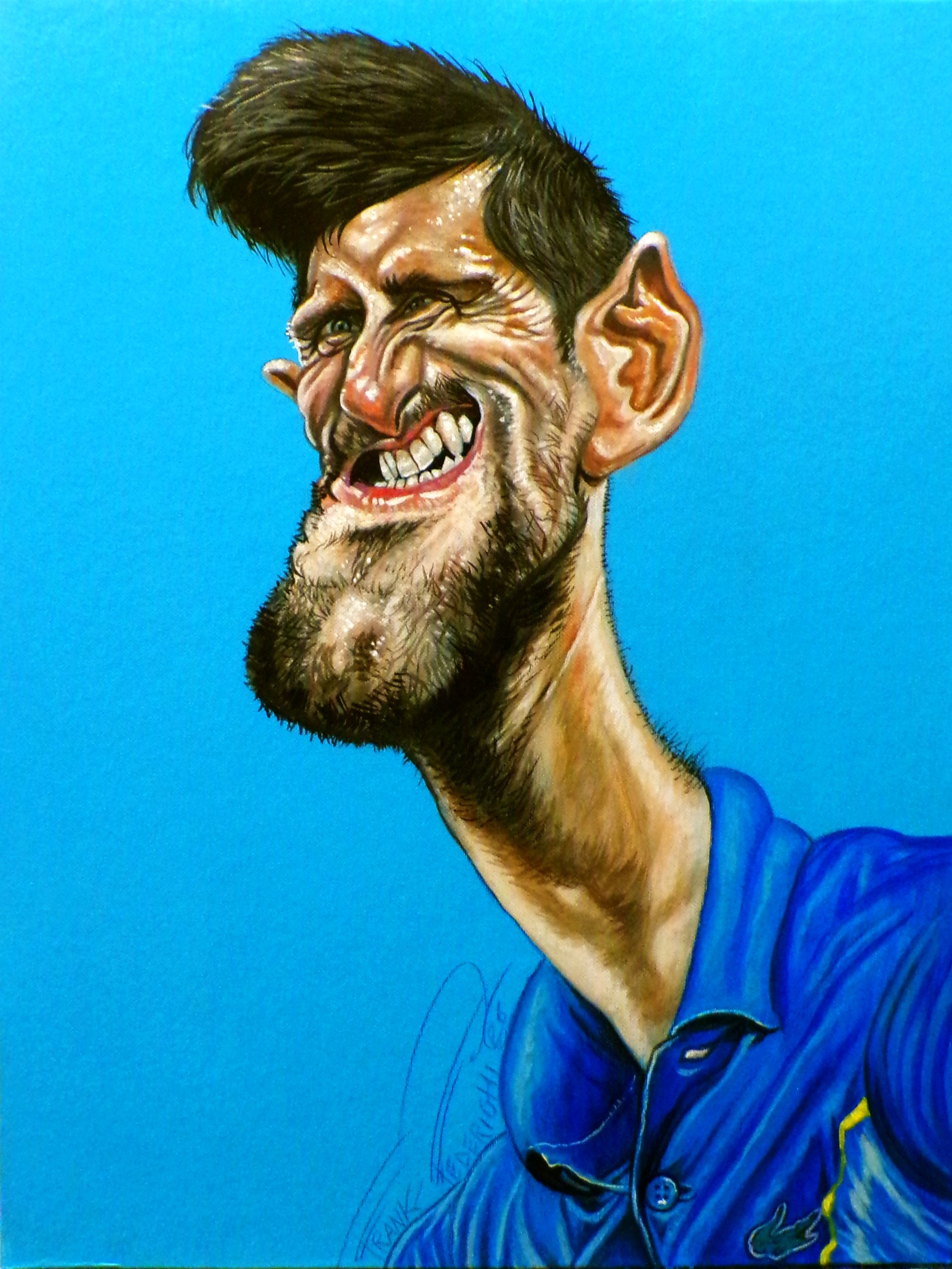 Caricature Novak Djokovic, for Il Fatto Quotidiano, text by Pino Corrias, acrylics on canvas cardboard 30x40 cm Caricatura Novak Djokovic , per il Fatto Quotidiano, testo di Pino Corrias, acrilici su cartone telato 30x40 cm