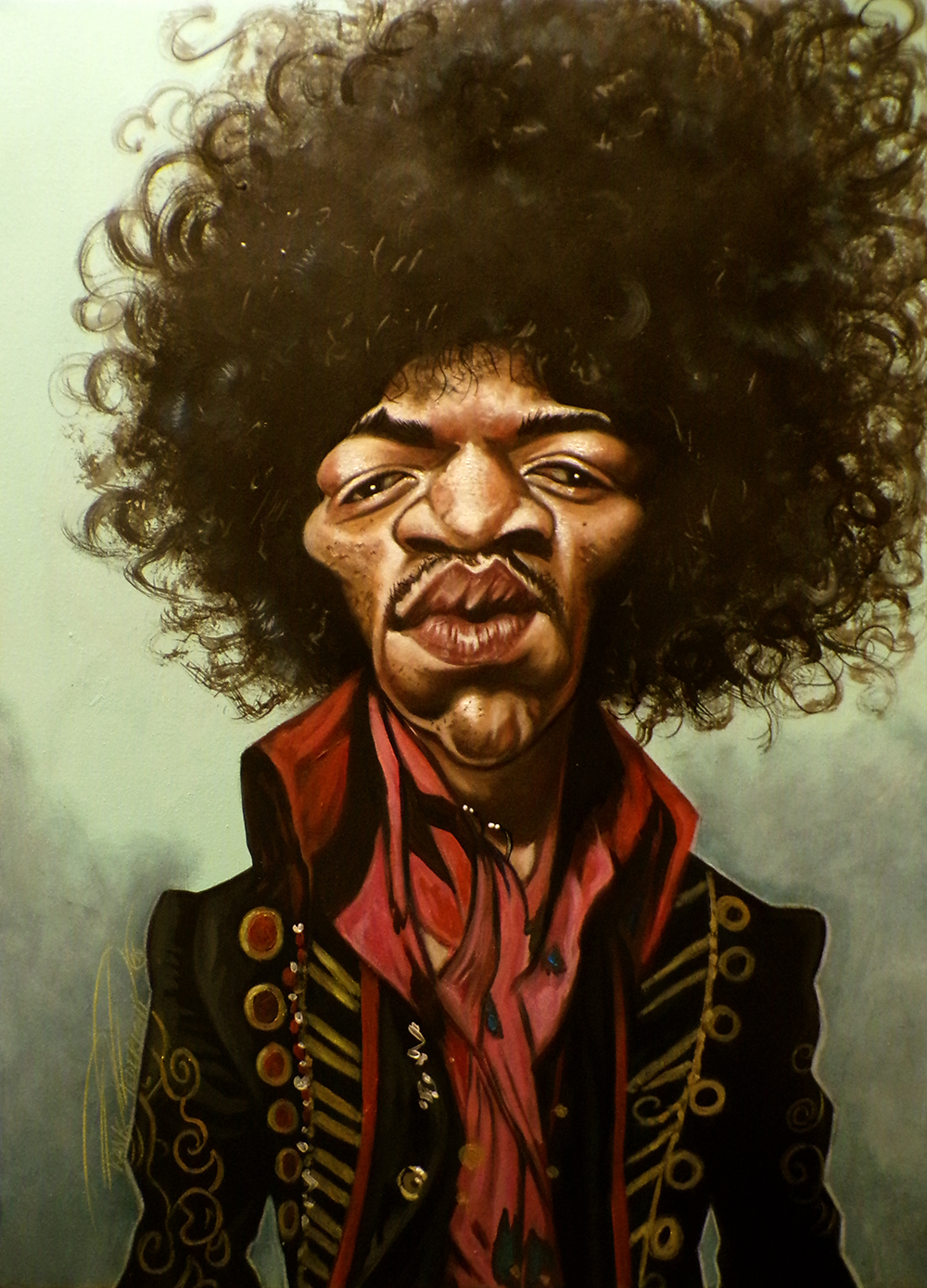 Caricature depicting Jimi Hendrix, acrylics on canvas 50x70 cm Caricatura raffigurante Jimi Hendrix, acrilici su tela 50x70 cm