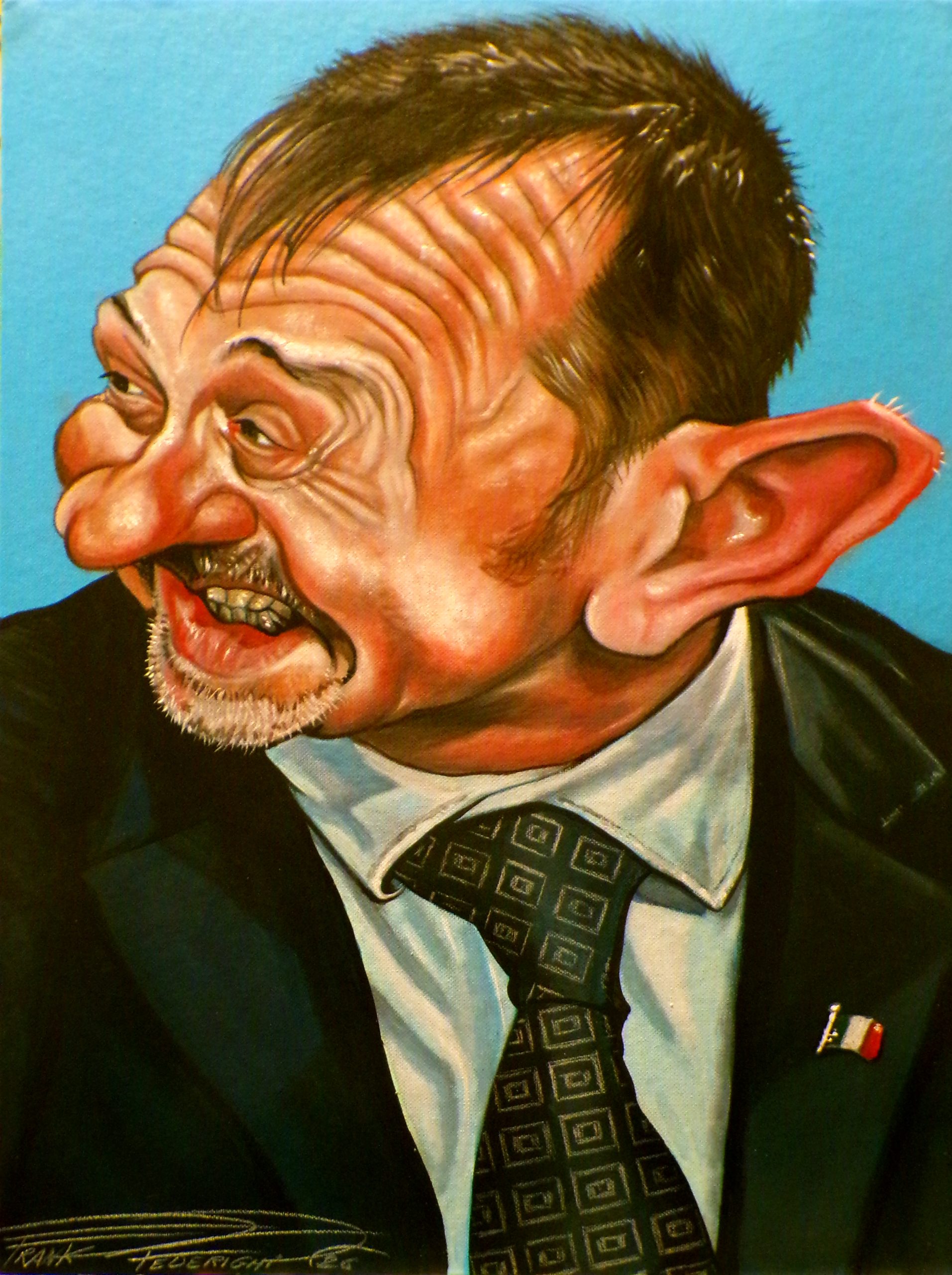 Caricature by Andrea Delmastro for il Fatto Quotidiano, text by Pino Corrias, acrylics on canvas cardboard 30x40cm Caricatura di Andrea Delmastro per il Fatto Quotidiano, testo di Pino Corrias, acrilici su cartone telato 30x40cm