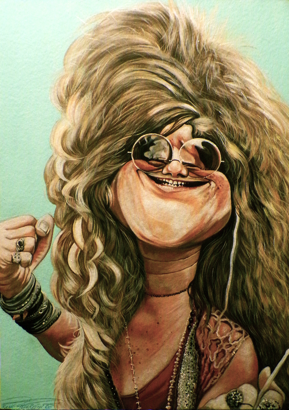 Caricature Janis Joplin, acrylics on canvas cardboard 50x70 cm Caricatura Janis Joplin, acrilici su cartone telato 50x70 cm