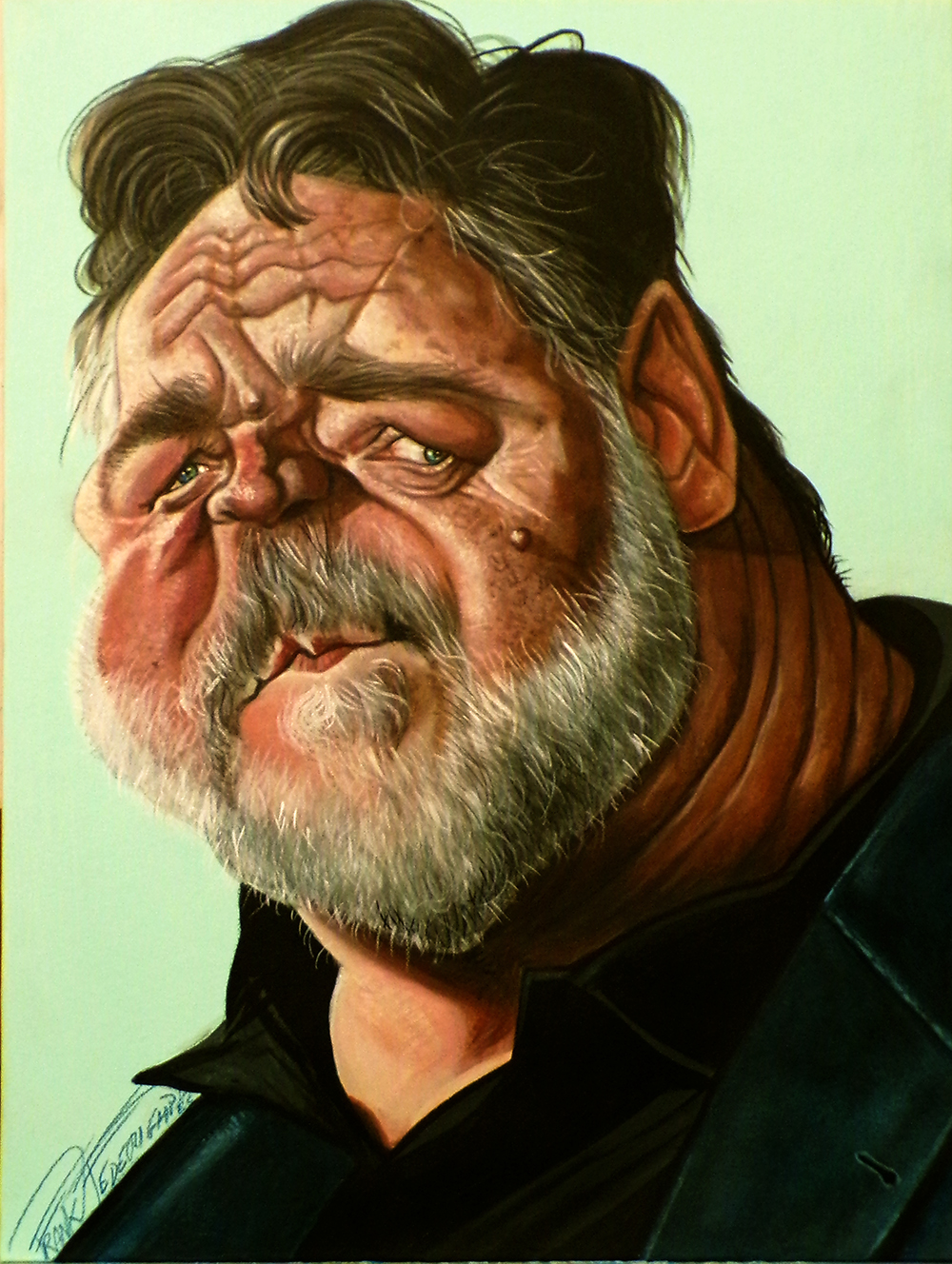 Caricature of Russel Crowe, acrylics on canvas cardboard 30x40 cm Caricatura di Russel Crowe, acrilici su cartone telato 30x40 cm